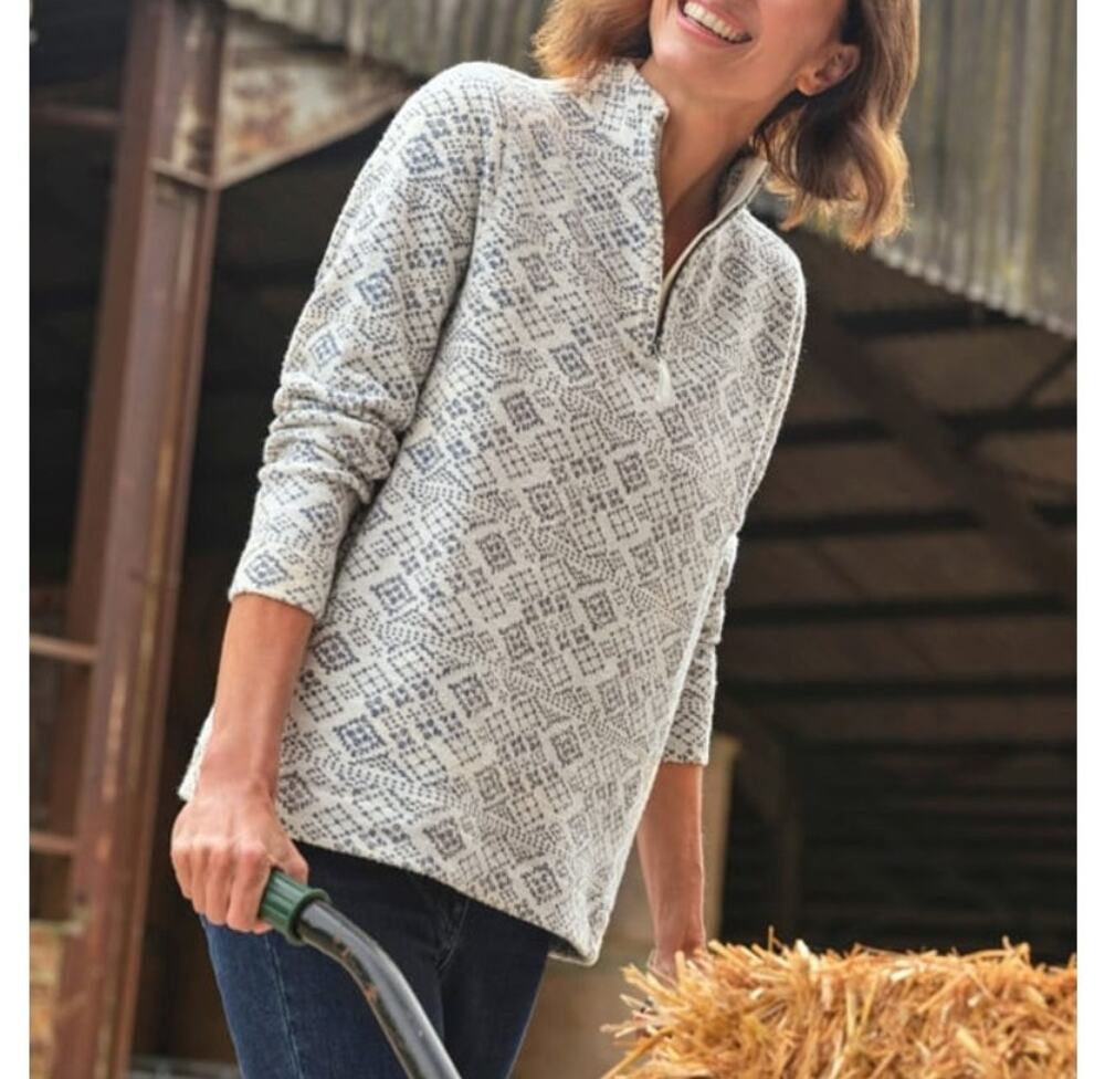 WoolOvers Textured Jacquard Quarter Zip Sweater Fair Isle Blue White Women Large